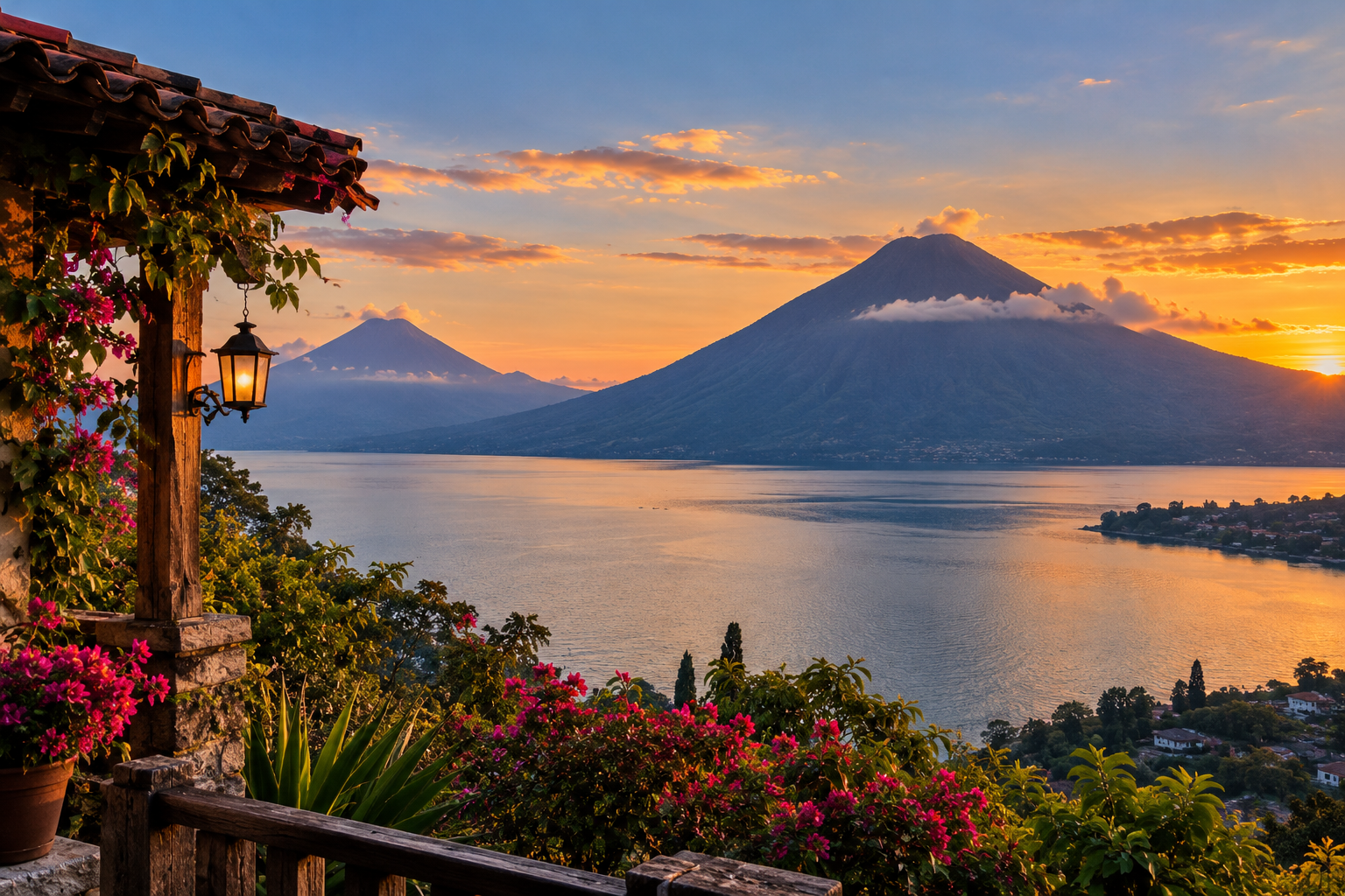 Paisaje de Guatemala al atardecer con lago y volcanes.